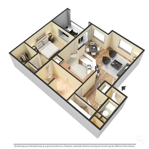 A 3D floor plan of a house with a kitchen, living room, and bedrooms.